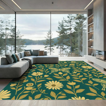 Golden Butterflies Teal Floral Garden Rug