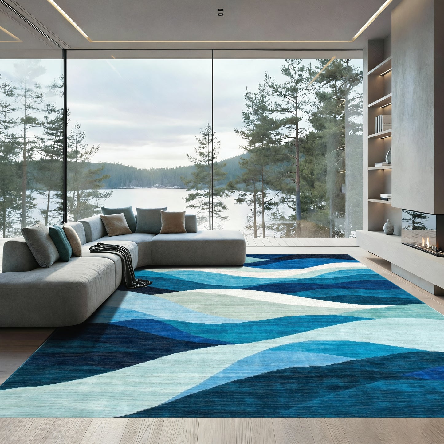Teal Navy Layered Waves Rug