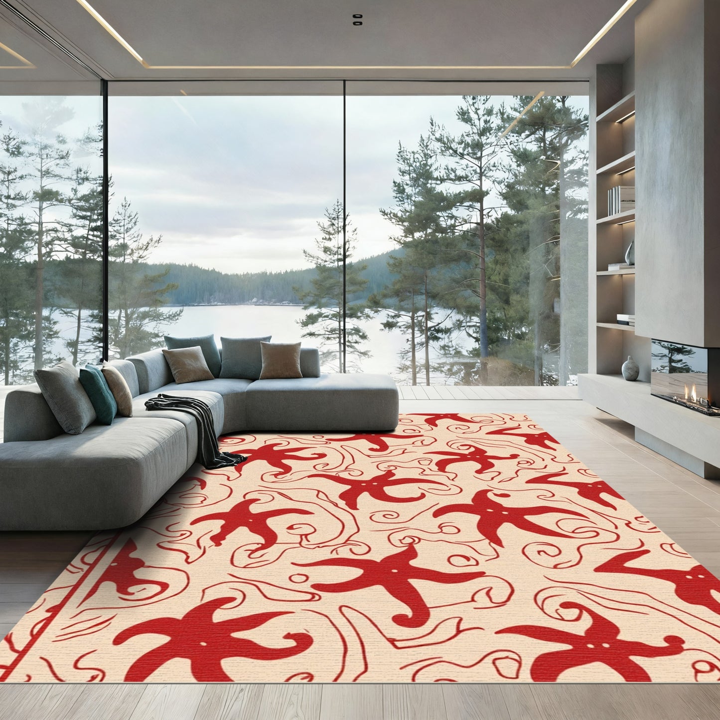 Crimson Starfish Whimsical Swirl Rug