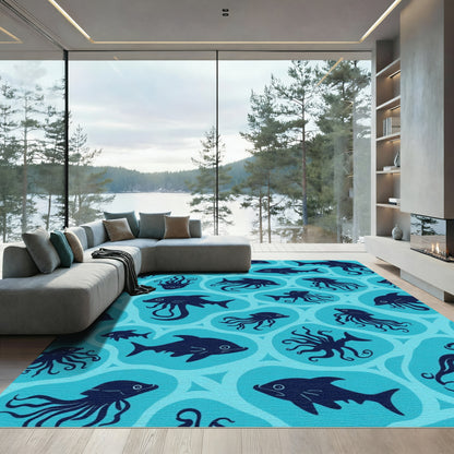 Marine Life Navy Silhouette Tile Rug