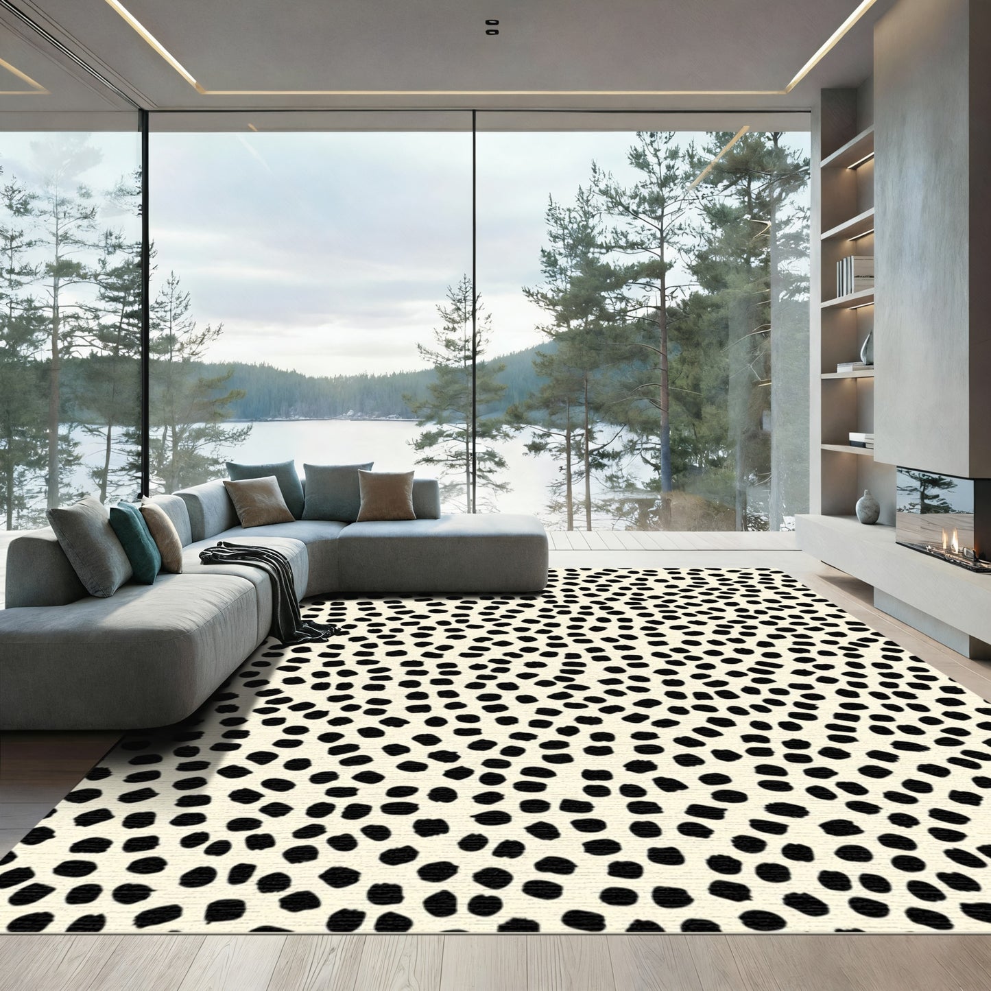 Black Blotched Cream Abstract Dot Rug