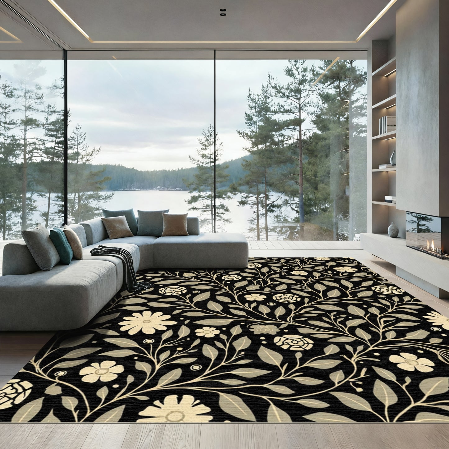Black Floral Vine Garden Rug