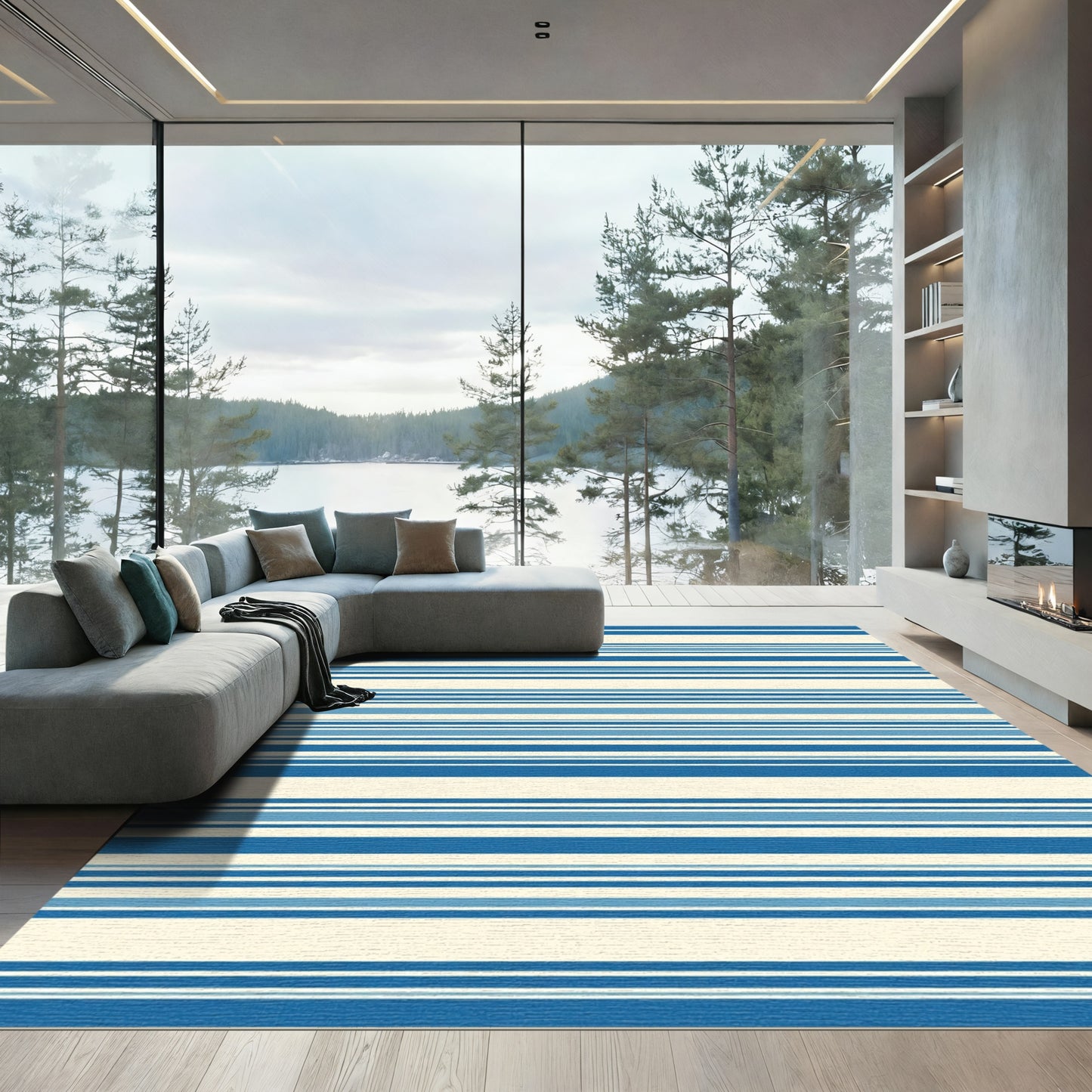 Vibrant Blue Cream Horizontal Stripe Rug