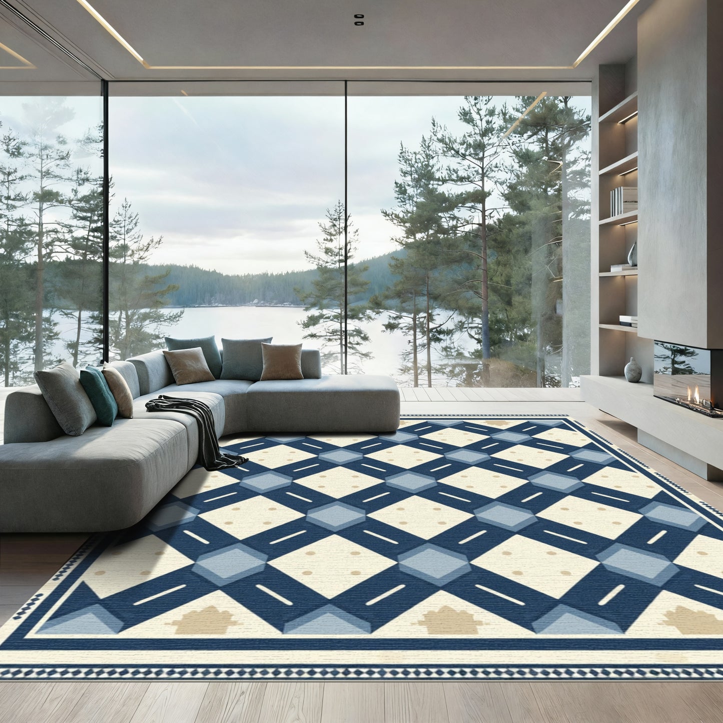 Navy Blue Diamond Lattice Geometric Rug