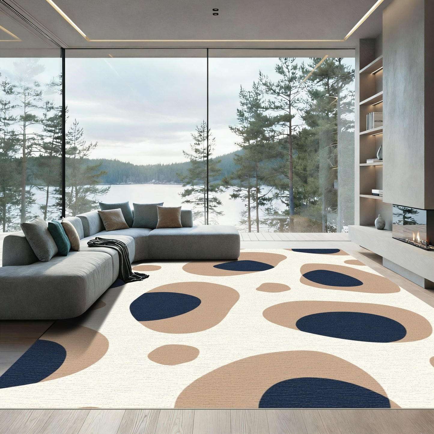 Tan Navy Abstract Organic Shapes Rug