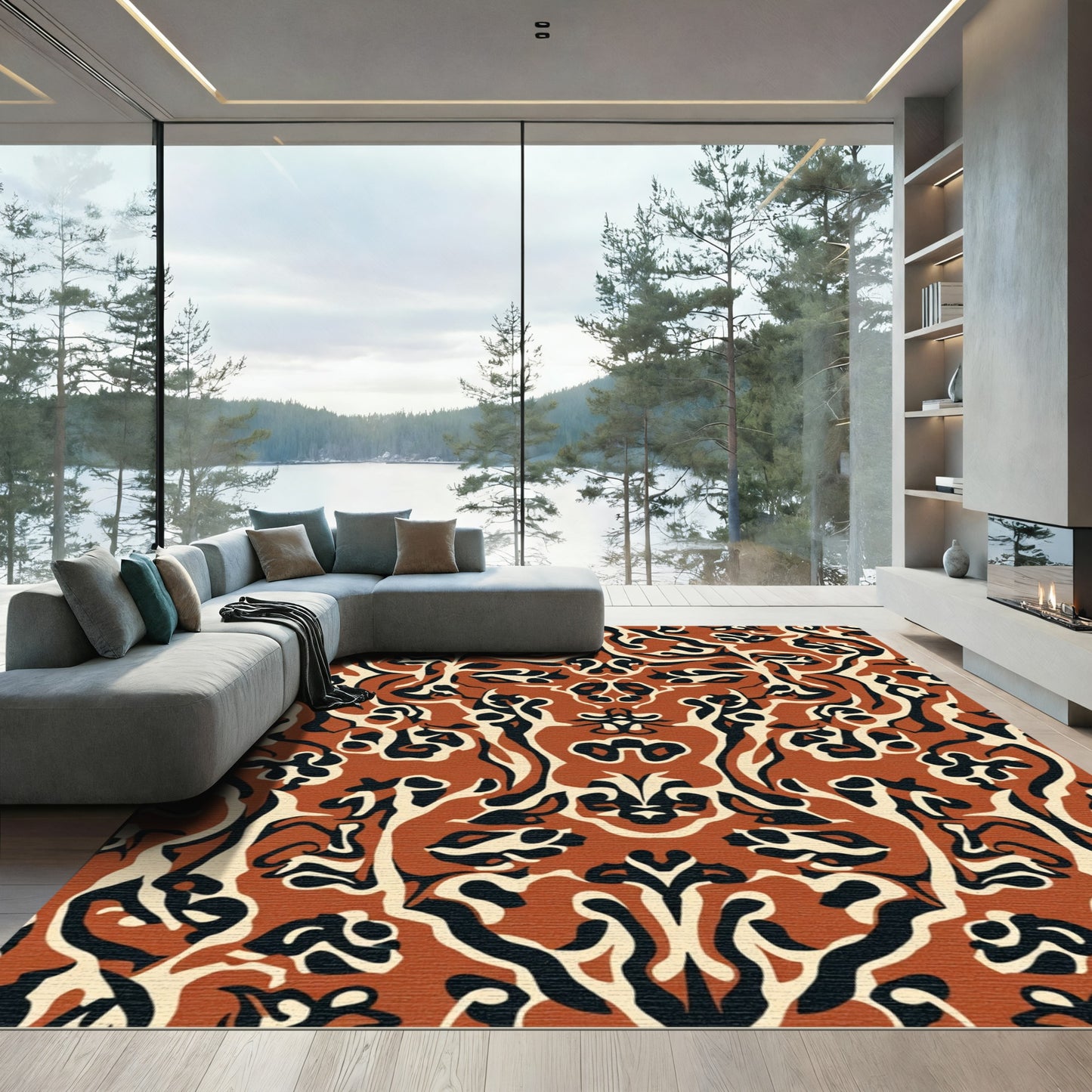 Earthy Terracotta Black Cream Swirl Rug