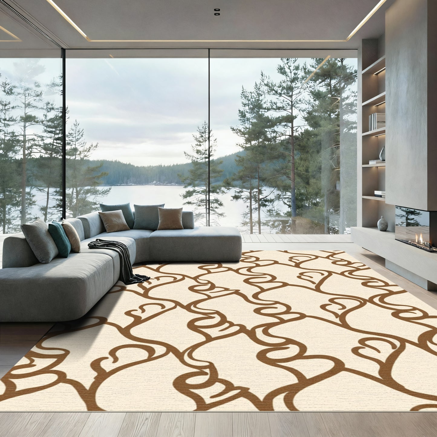 Cream Brown Abstract Organic Swirl Rug