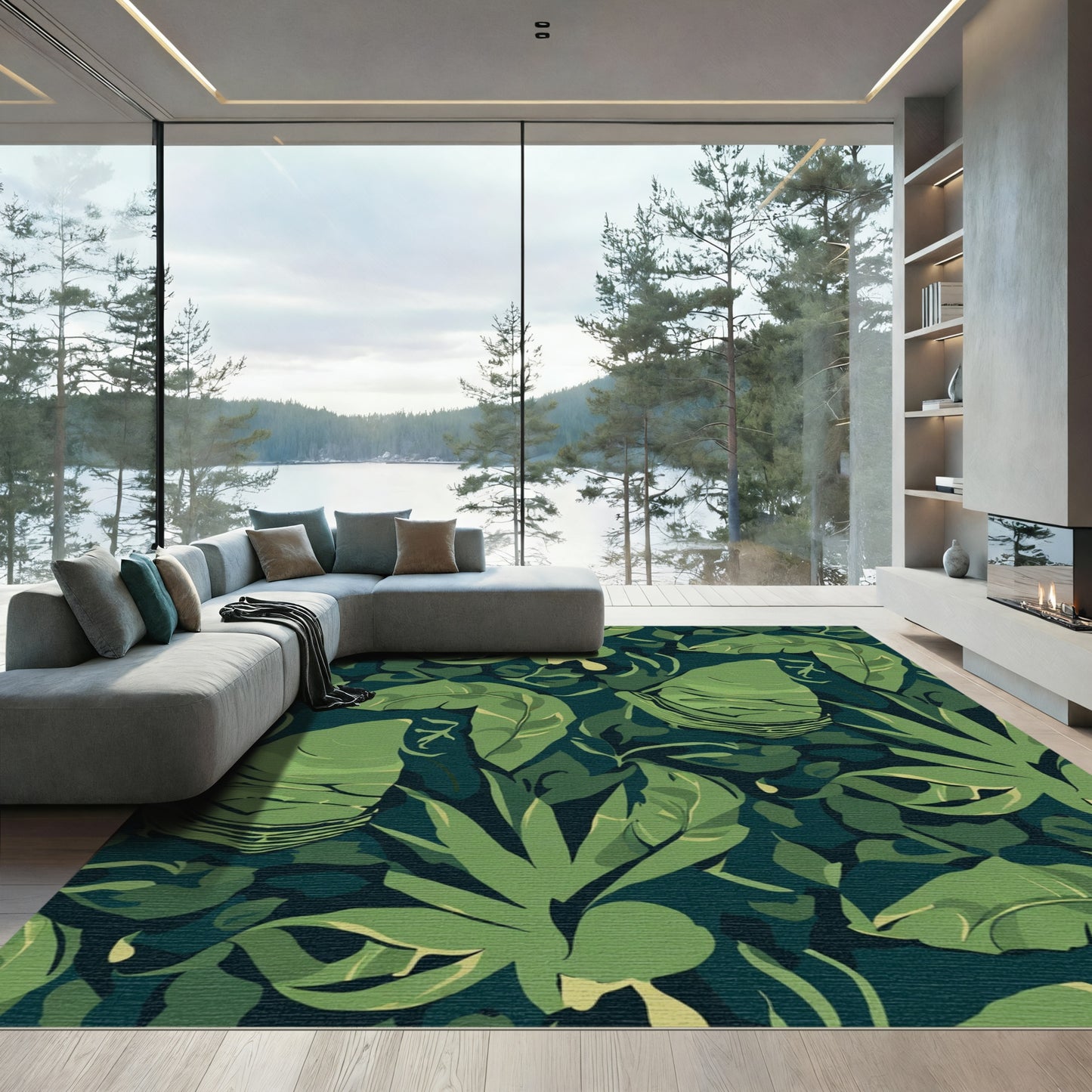 Deep Emerald Tropical Leaf Overlap Rug