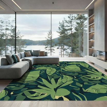 Deep Emerald Tropical Leaf Overlap Rug