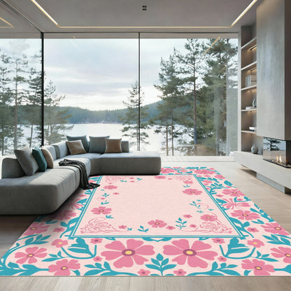 Pink Teal Blossom Border Rug