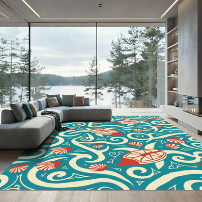 Red Turtle Seashell Aquatic Swirl Design Rug