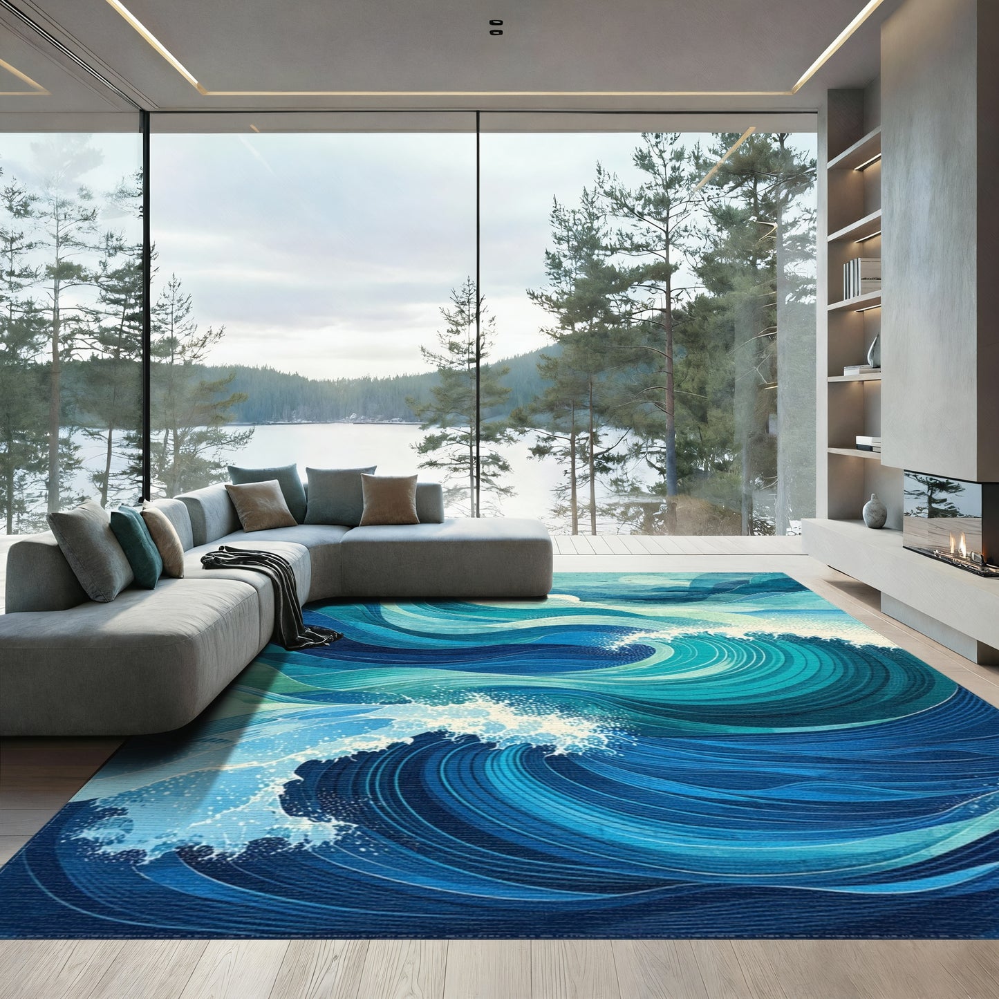 Teal Layered Ocean Waves Rug