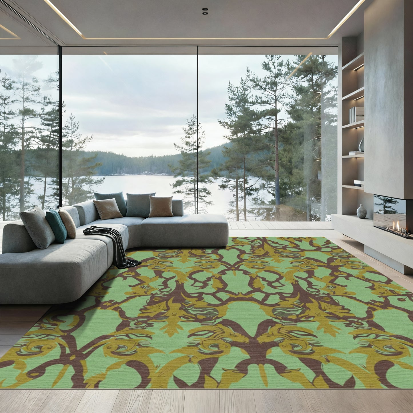 Ornate Sage Green Baroque Scroll Rug