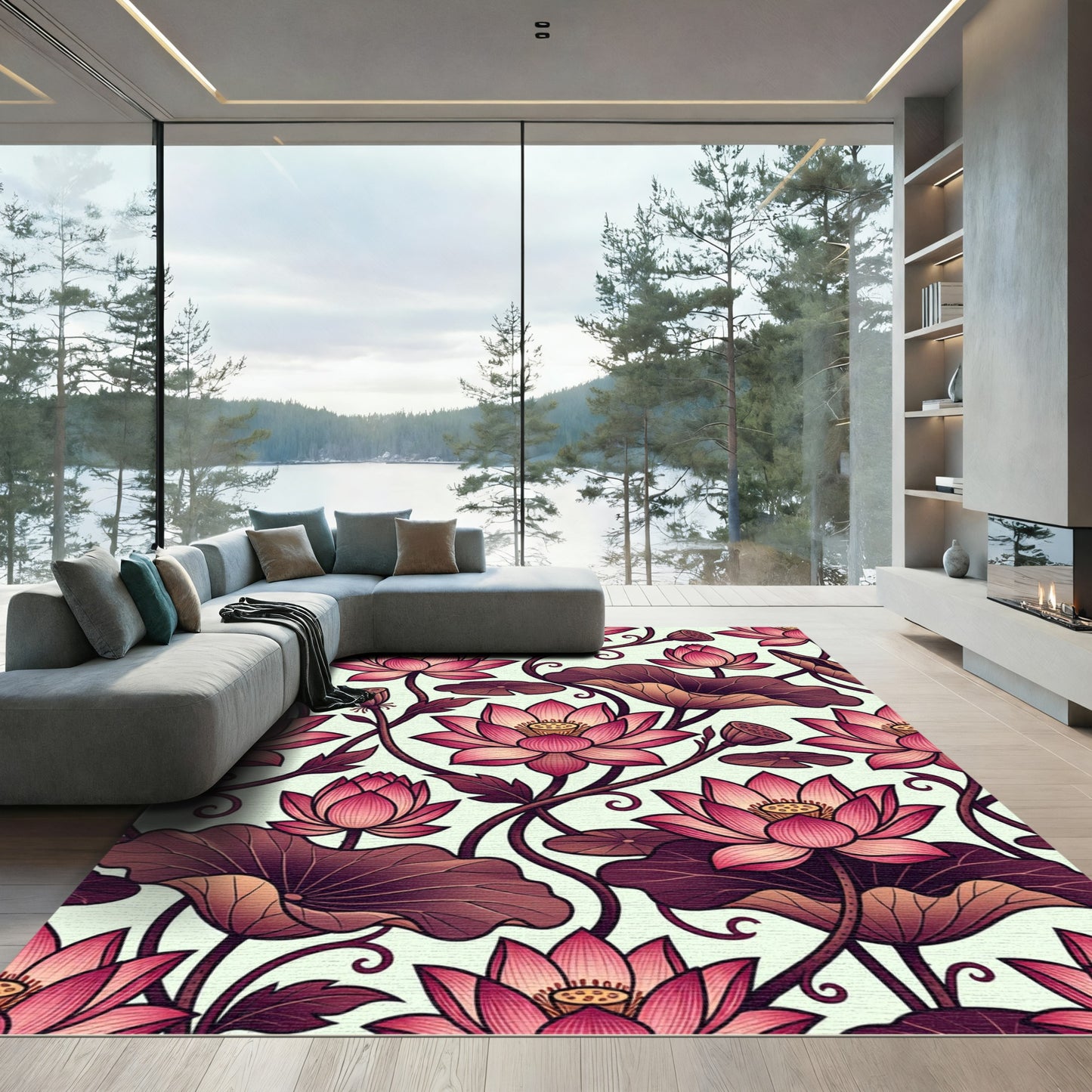 Bold Pink Lotus Vine Pattern Rug