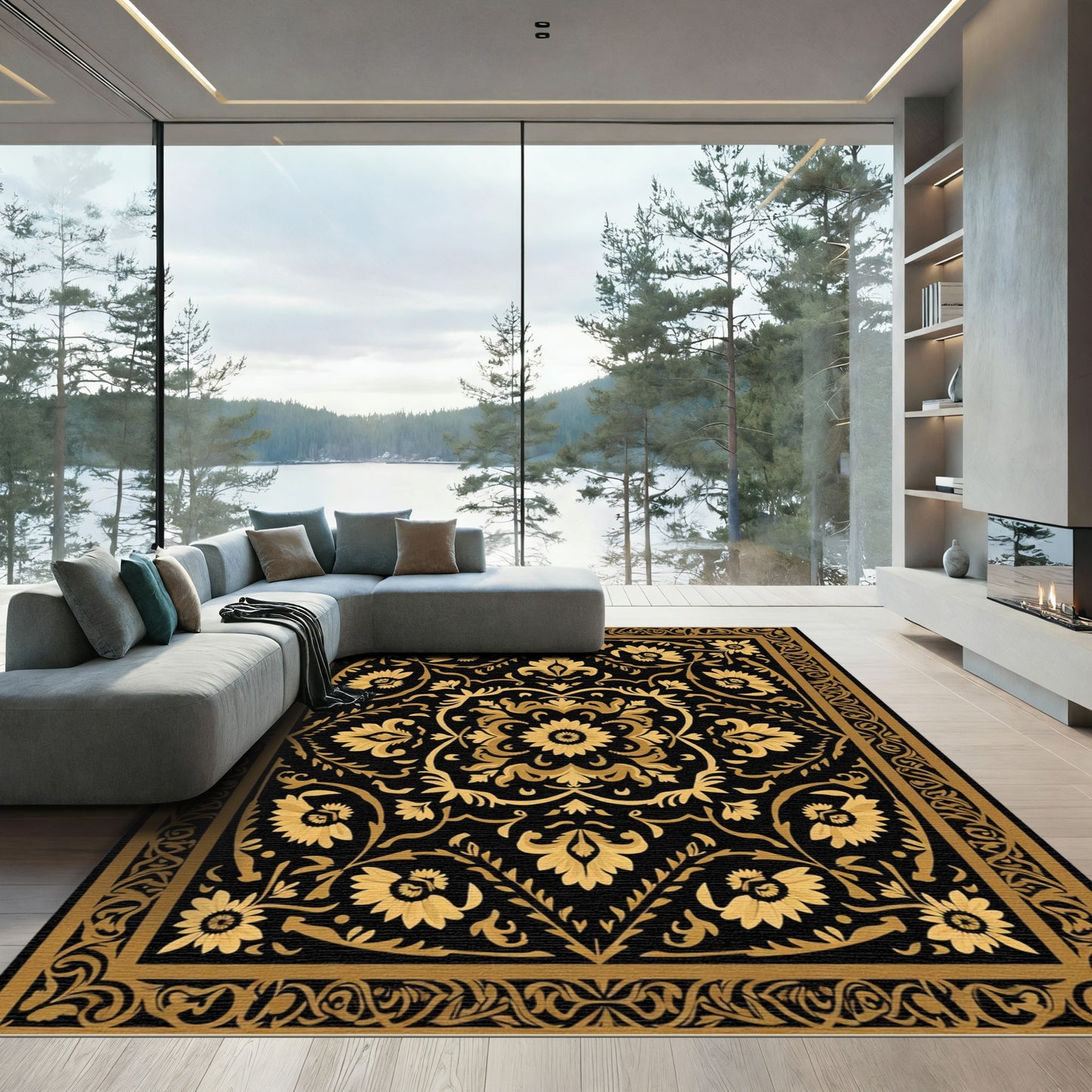 Black Gold Floral Garden Medallion Rug