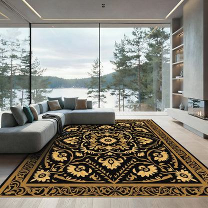 Black Gold Floral Garden Medallion Rug