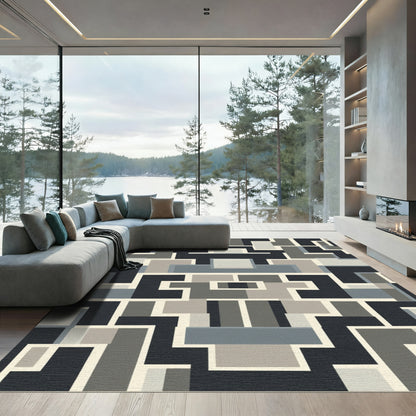 Geometric Gray Black Cream Block Rug