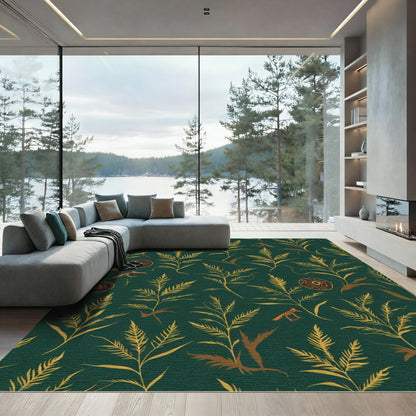 Dark Green Gold Fern Ornate Circular Motif Rug
