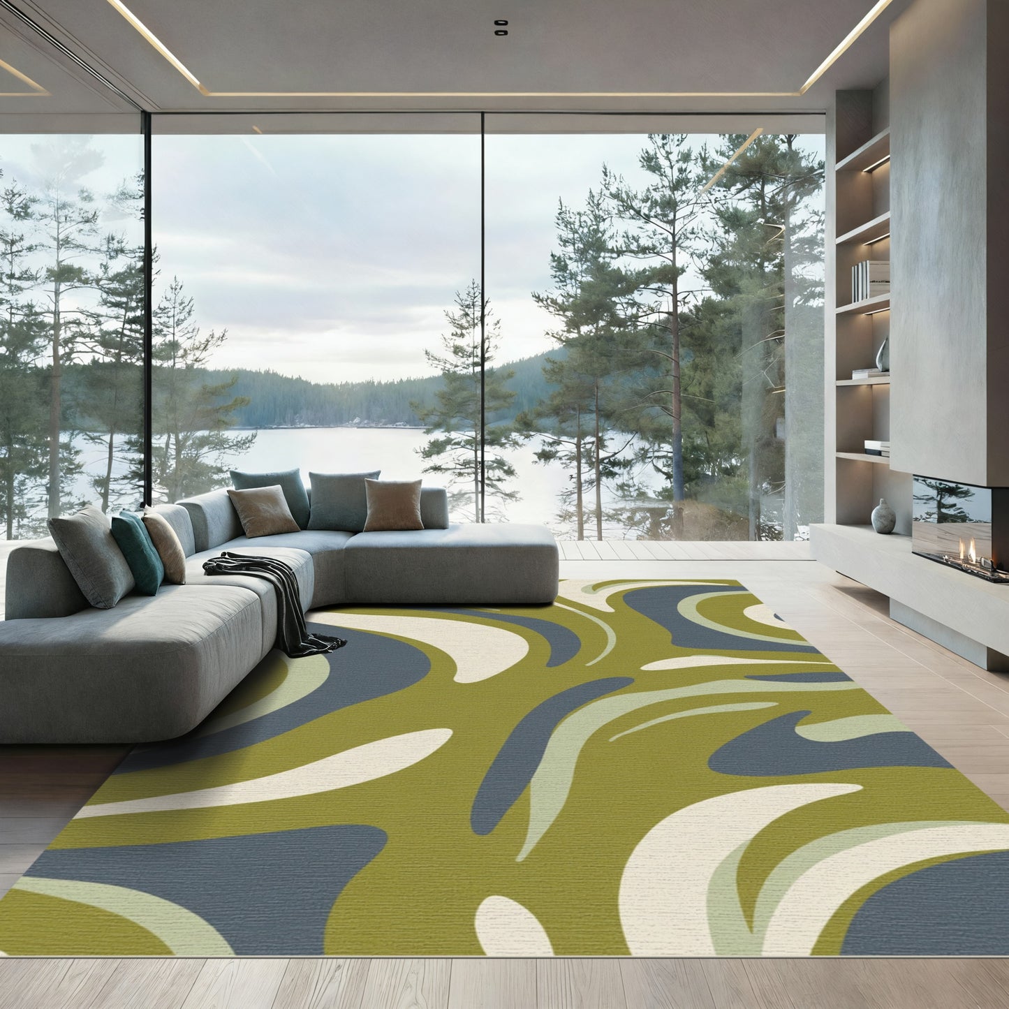 Olive Blue Cream Swirl Abstract Rug