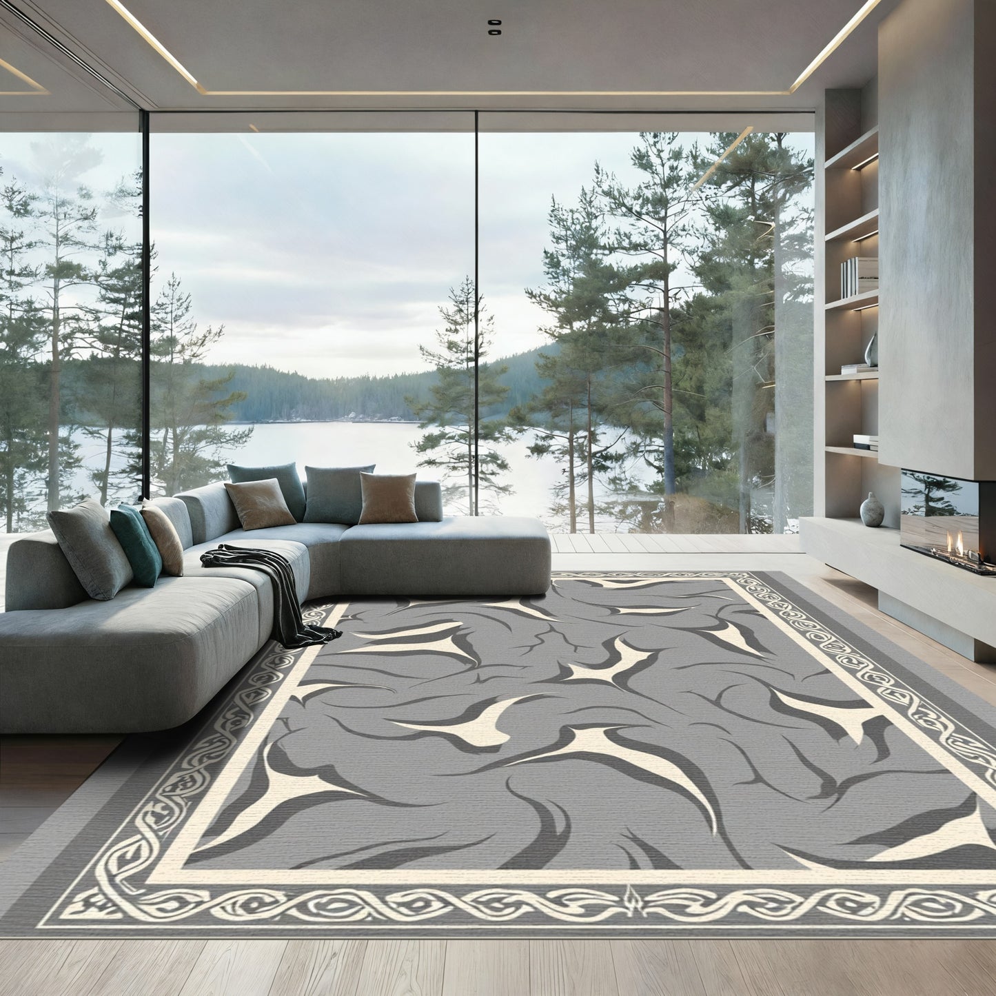 Gray Abstract Swirl Graphic Border Rug