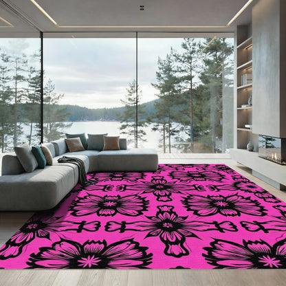 Bold Black Symmetry Floral Pink Background Rug