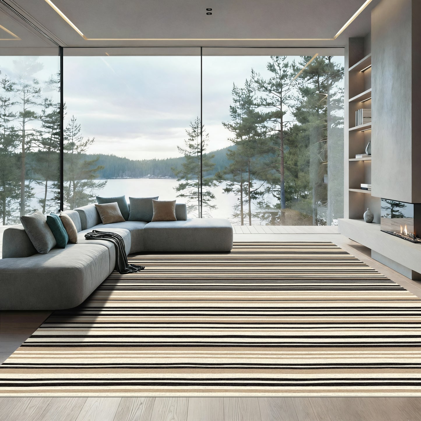 Natural Cream Black Tan Stripes Rug