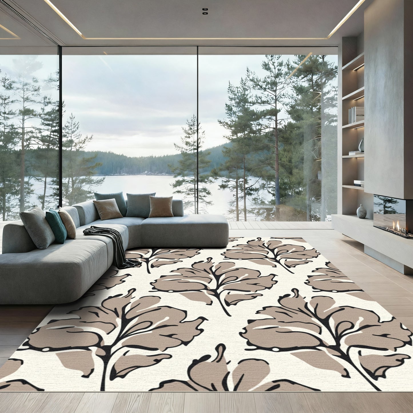 Taupe Leaf Branch Art Rug