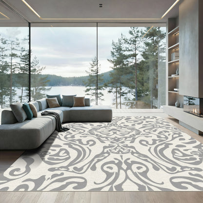 Cream Gray Classic Damask Swirls Rug