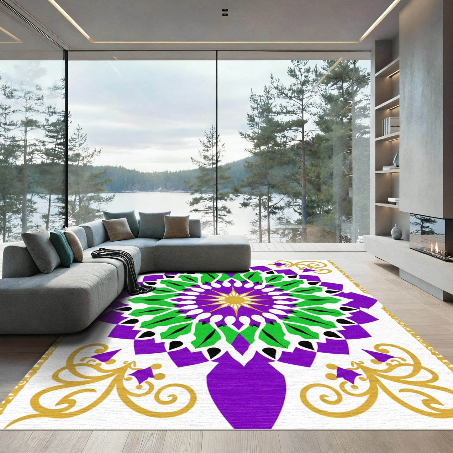 Vivid Grape Green Gold Mandalas Rug