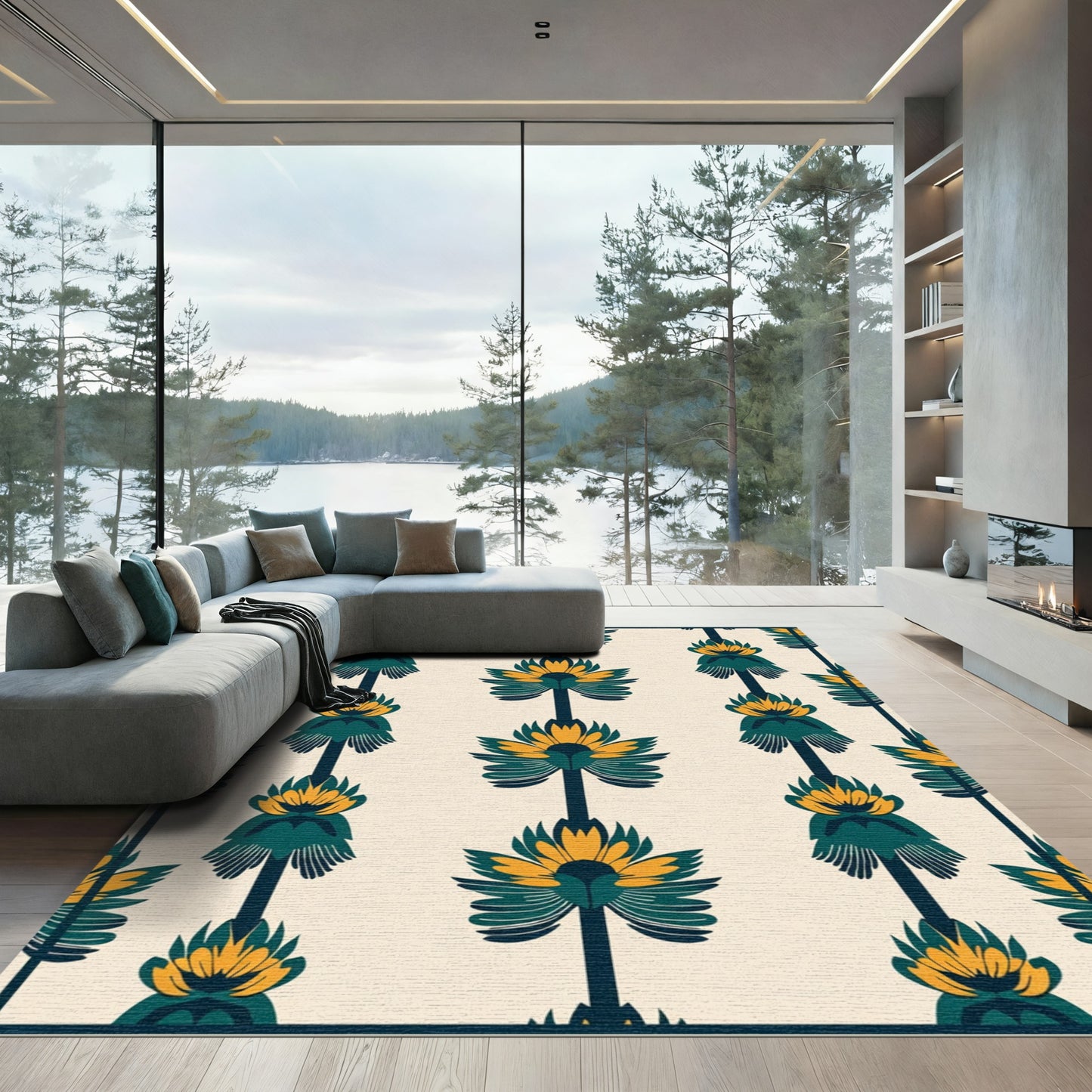 Indigo Teal Cream Floral Fanuous Rug