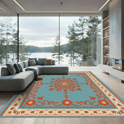 Coral Sunburst Teal Floral Medallion Rug