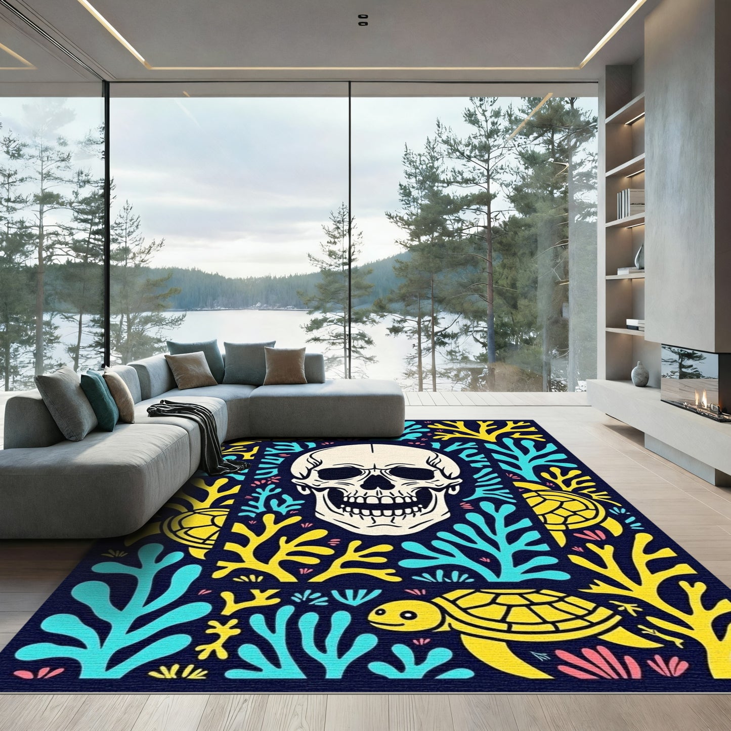 Yellow Turquoise Turtle Skull Marine Life Rug