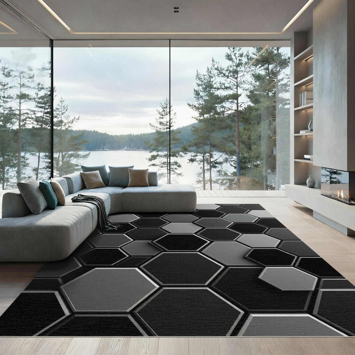 Monochrome Hexagon Grid Modern Rug