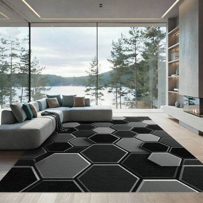 Monochrome Hexagon Grid Modern Rug