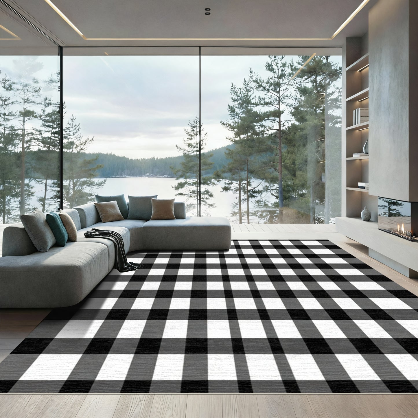 Classic Black White Checkered Plaid Rug