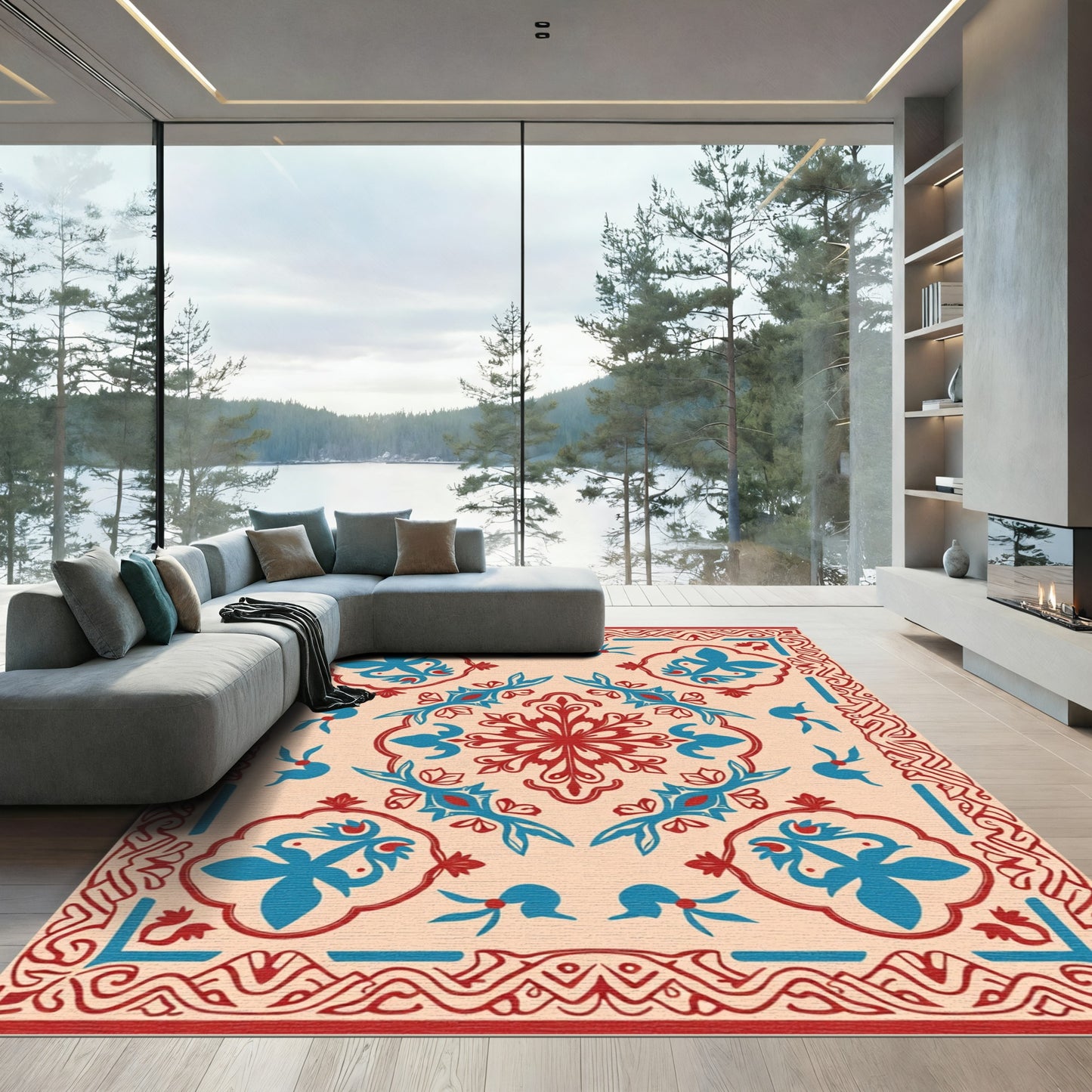 Crimson Blue Floral Mandala Border Rug