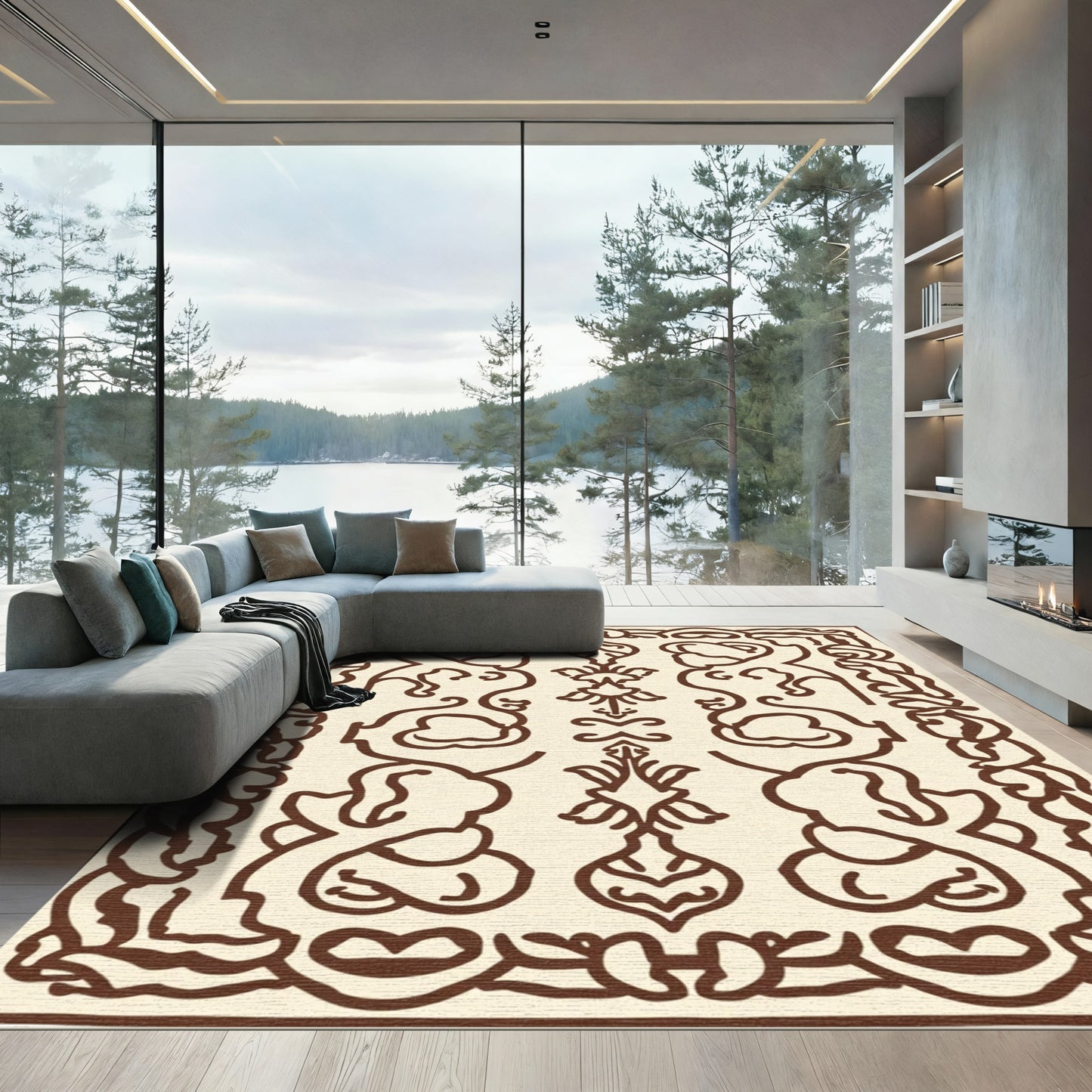 Cream Brown Stylized Floral Cartouche Rug
