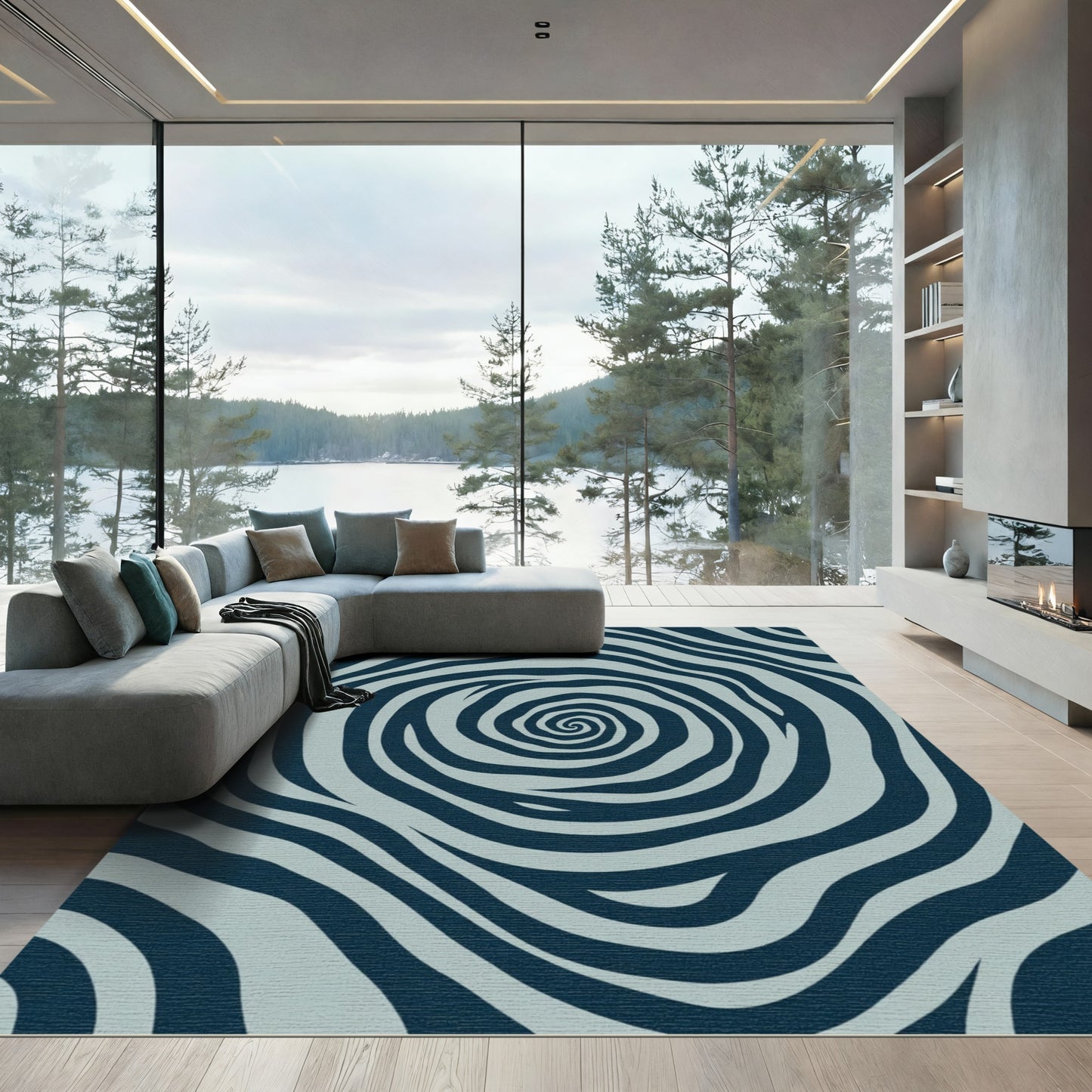 Deep Blue Swirling Organic Waves Rug