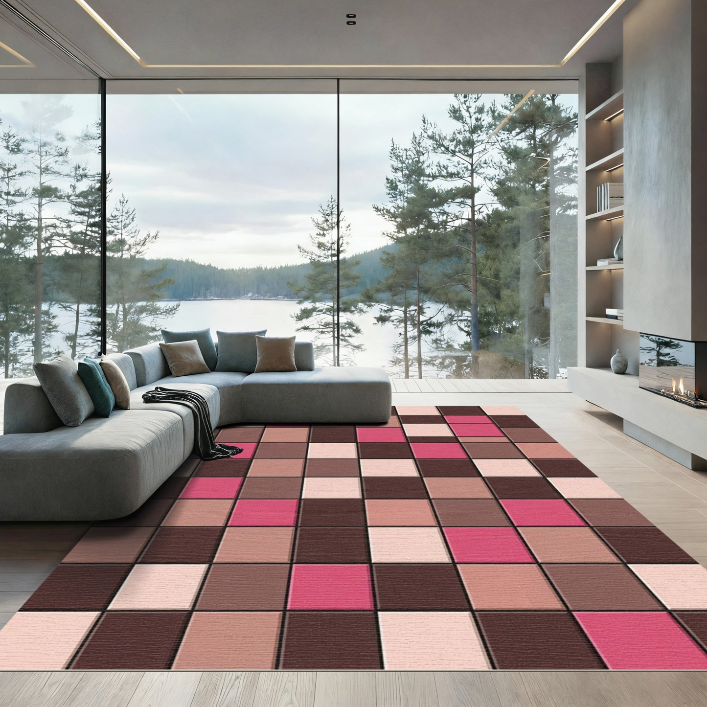 Chic Pink Brown Square Checker Rug
