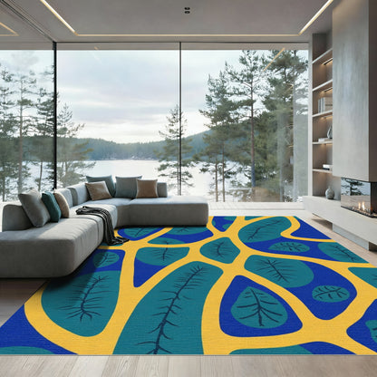 Blue Yellow Leafy Vine Abstract Rug