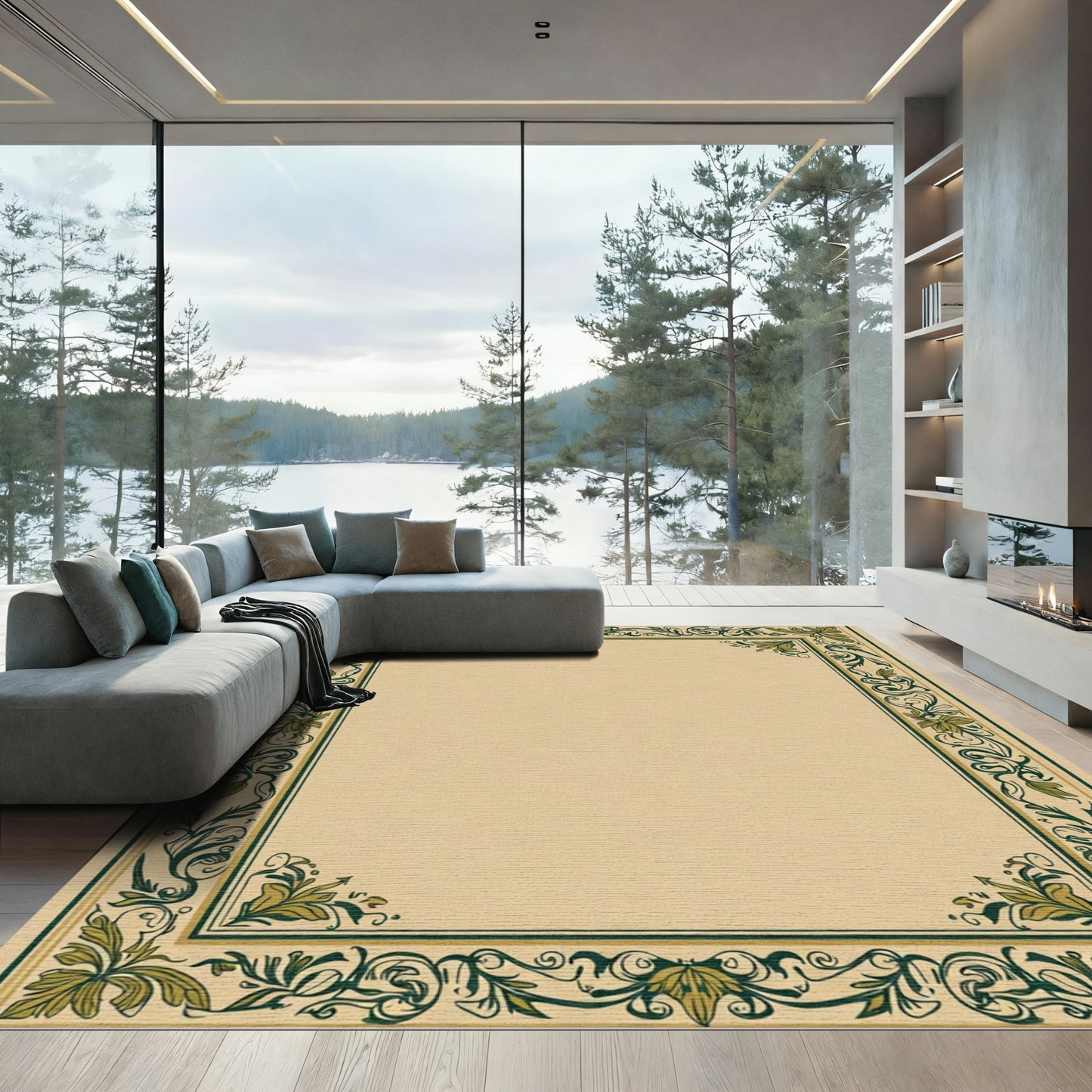 Elegant Green Cream Acanthus Border Rug