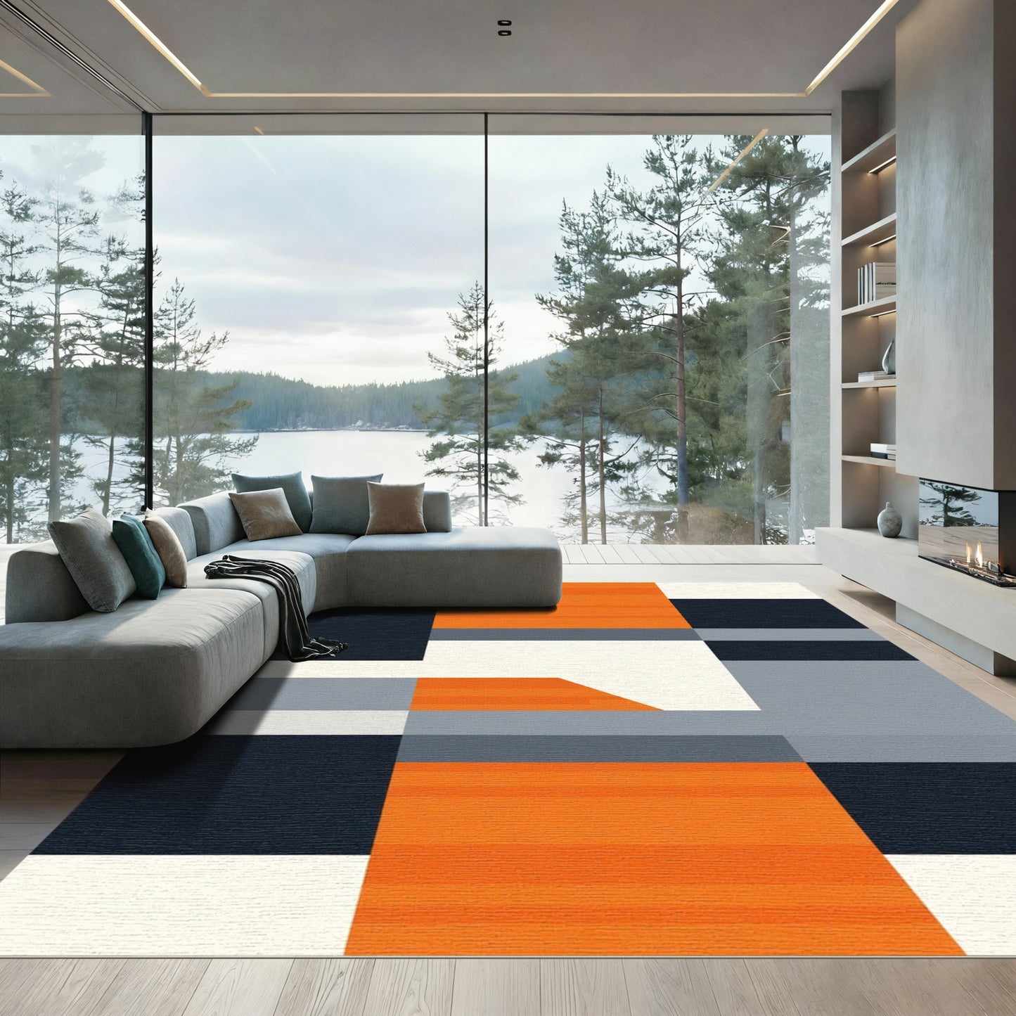 Bold Orange Gray Geometric Blocks Rug