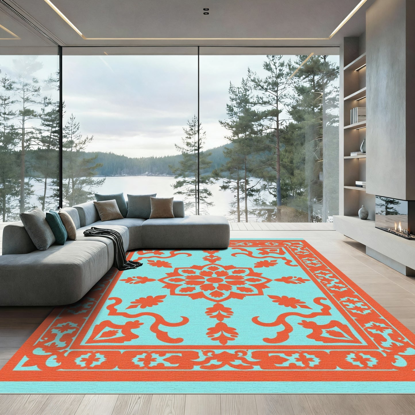 Coral Medallion Repeating Floral Border Rug