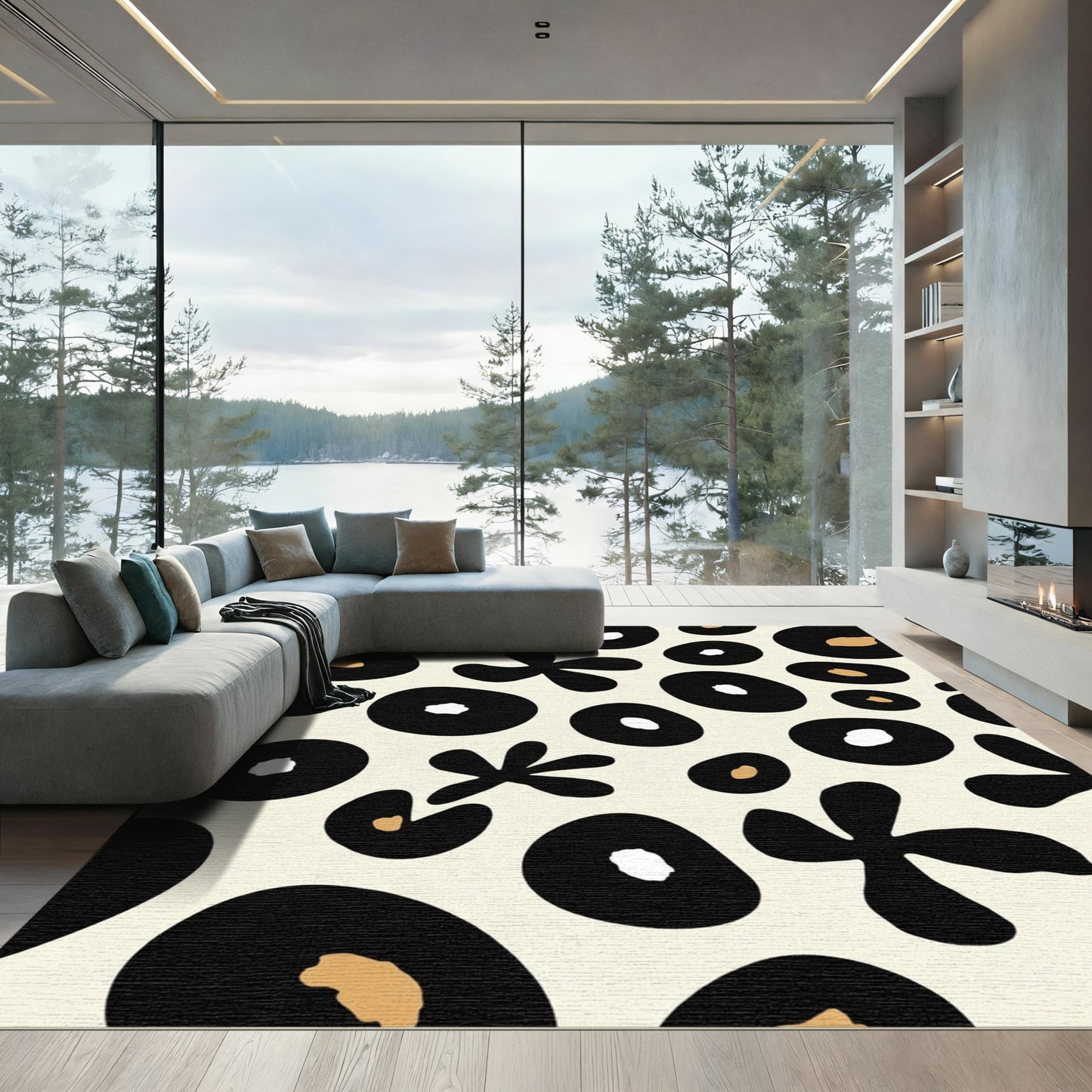 Abstract Black White Gold Organic Shapes Rug