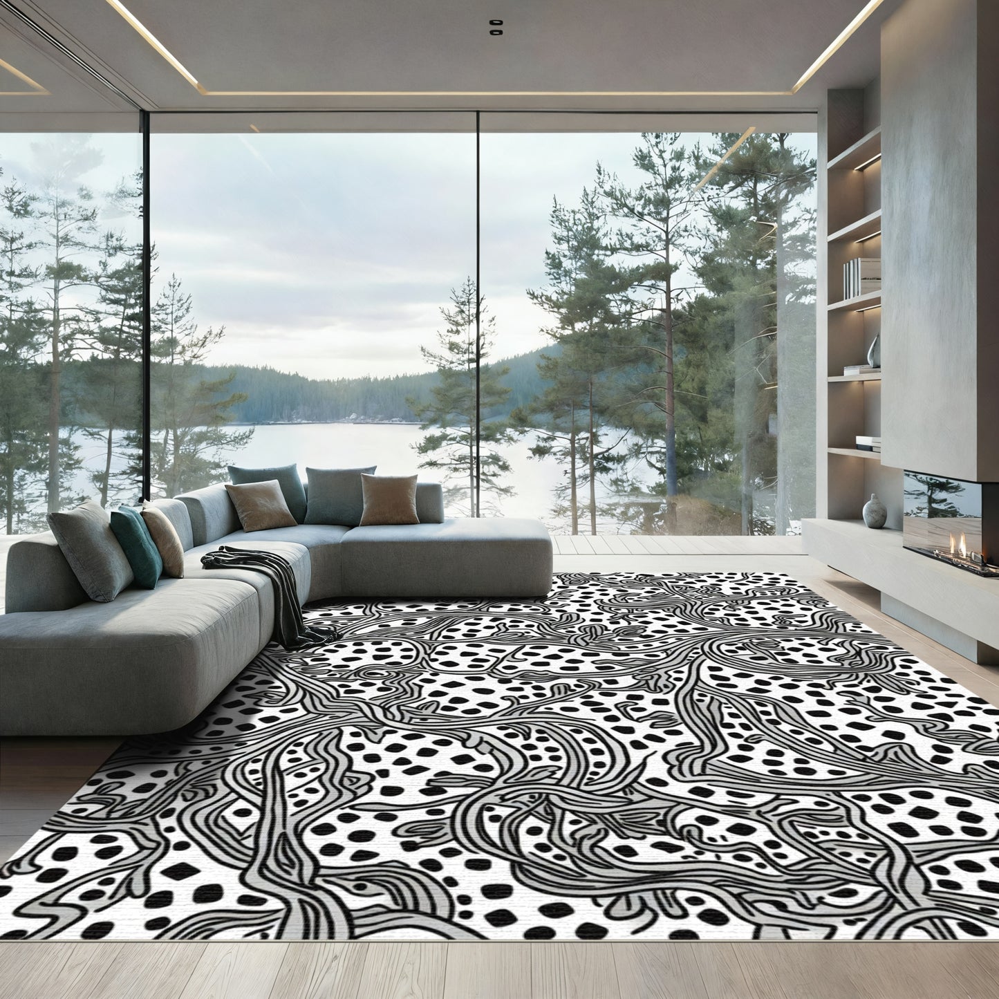 Abstract Black White Botanical Swirl Rug
