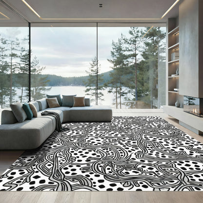 Abstract Black White Botanical Swirl Rug