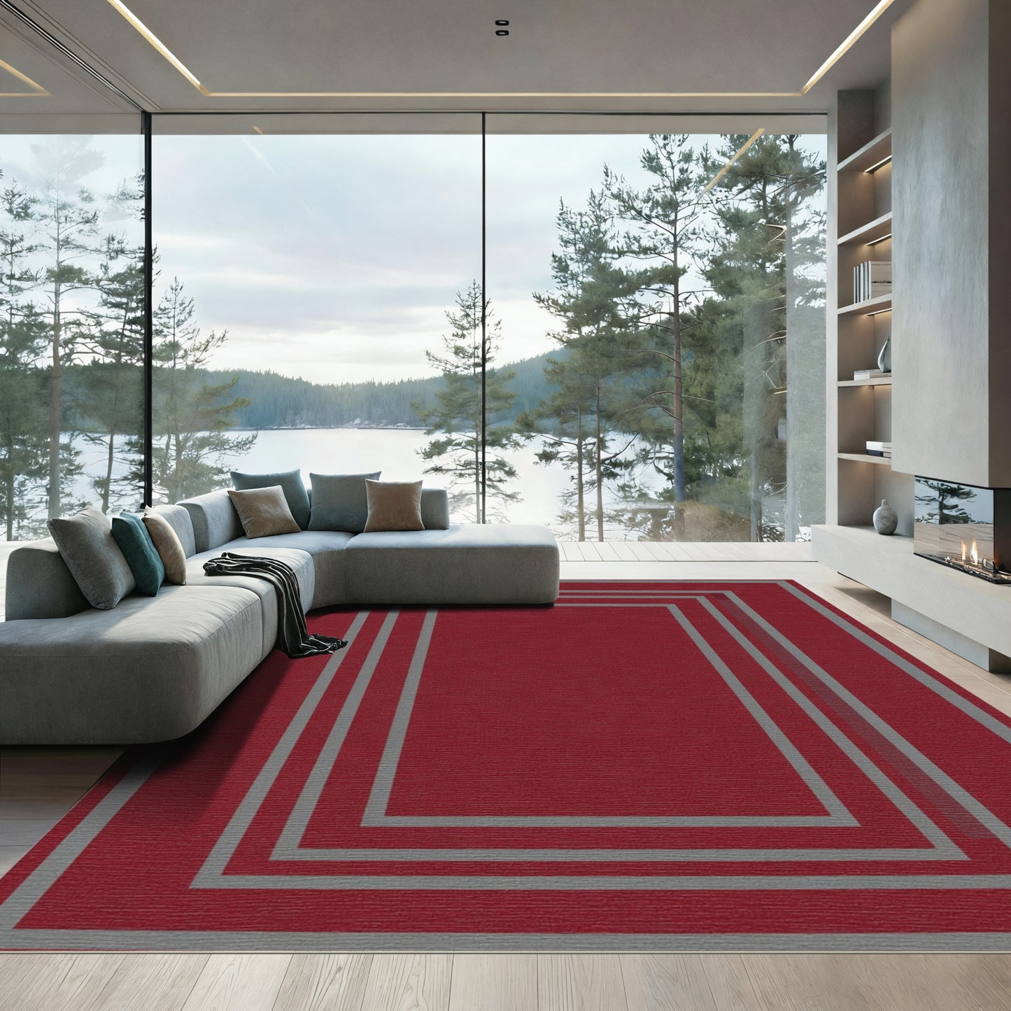 Deep Red Nested Border Rectangles Rug
