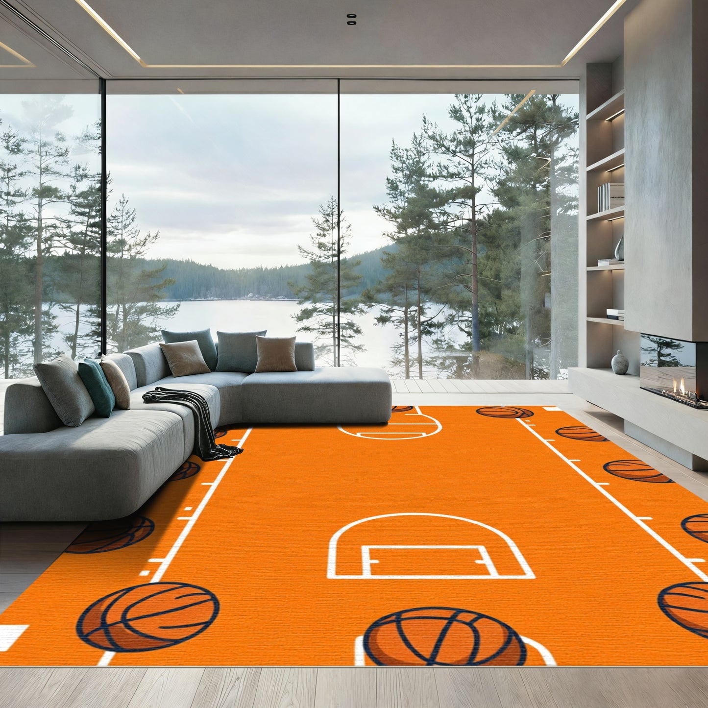 Orange Basketball Court Graphic Rug