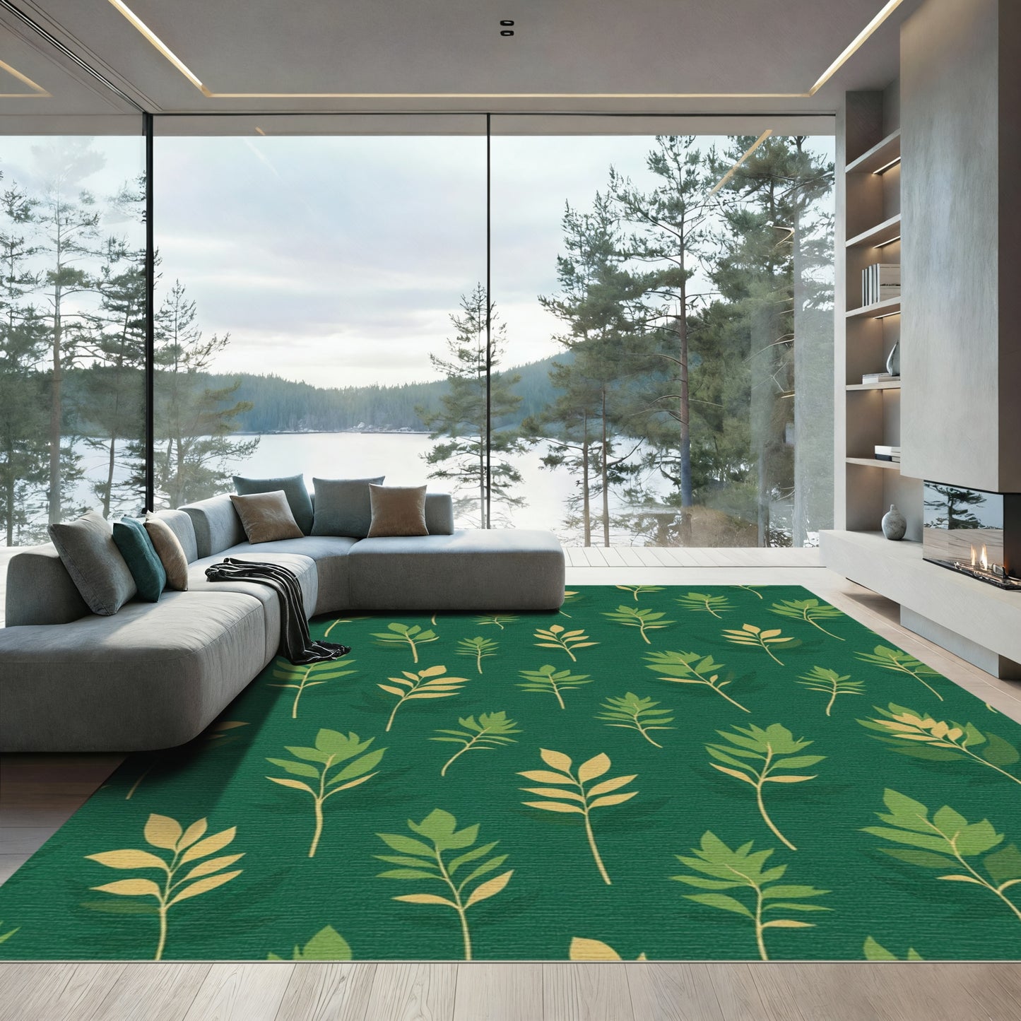 Emerald Green Leafy Branch Repeat Rug