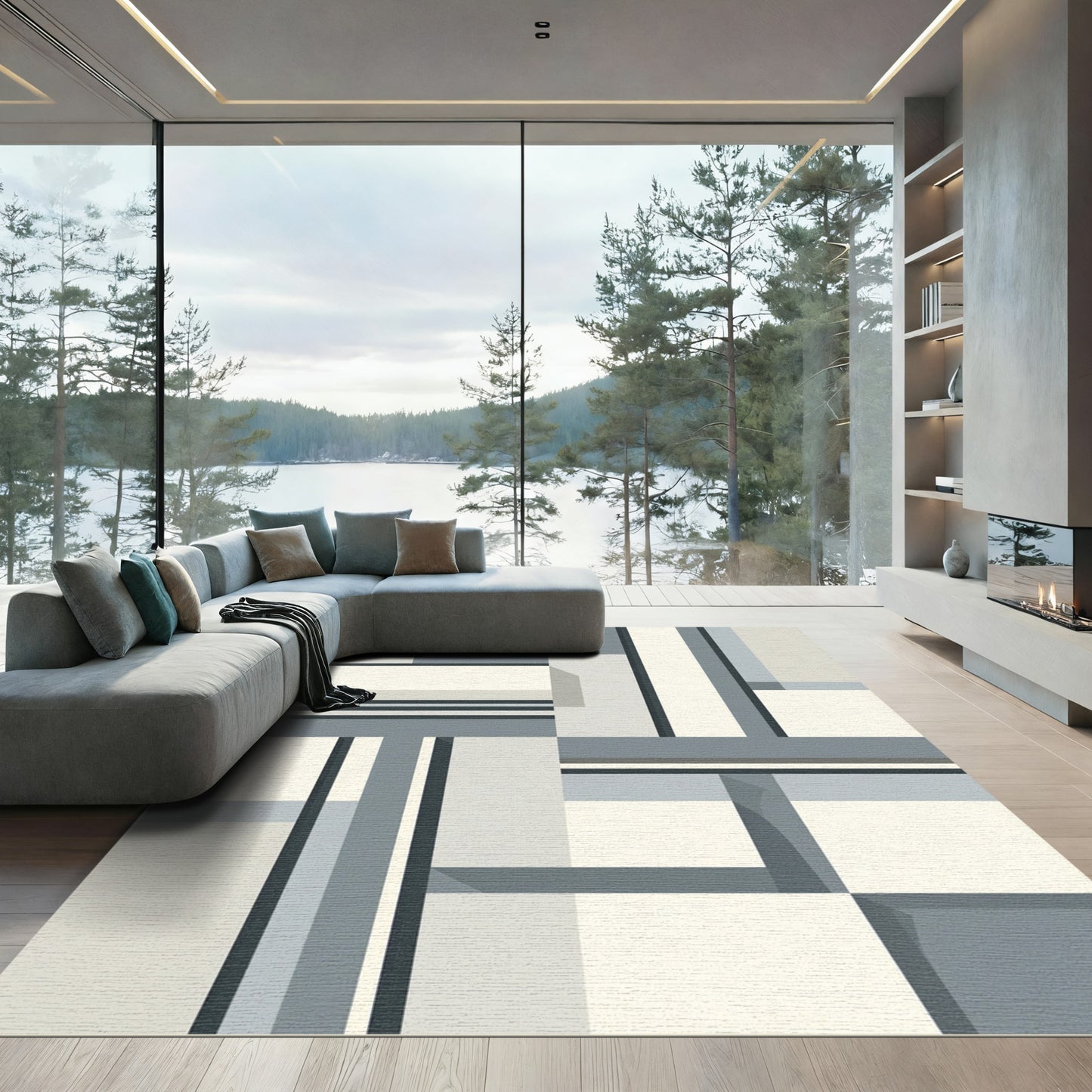 Cool Gray Geometric Rectangular Abstraction Rug